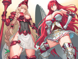 Rule 34 | 2girls, areola slip, armor, armored boots, bare shoulders, boots, breasts, granblue fantasy, hair ornament, helmet, holding, holding shield, holding weapon, large breasts, multiple girls, obui, red hair, shield, tagme, weapon