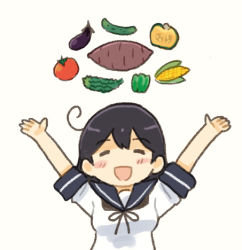 Rule 34 | 1girl, ahoge, bell pepper, bitter melon, black hair, blue sailor collar, closed eyes, commentary request, corn, corn cob, cucumber, eggplant, food, kantai collection, long hair, lowres, outstretched arms, pepper, saiguchi otoufu, sailor collar, school uniform, serafuku, simple background, solo, squash, sweet potato, tomato, upper body, ushio (kancolle), white background