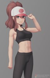 Rule 34 | 1girl, abs, alternate costume, antenna hair, bare arms, baseball cap, breasts, brown hair, closed mouth, commentary request, creatures (company), eyelashes, fanbox username, female focus, game freak, grey background, grey eyes, hand on headwear, hand up, hat, highres, hilda (pokemon), leggings, light blush, long hair, looking at viewer, midriff, navel, nintendo, patreon logo, patreon username, pokemon, pokemon bw, ponytail, putcher, sidelocks, simple background, smile, solo, sports bra, standing, tareme, toned female, watermark, web address