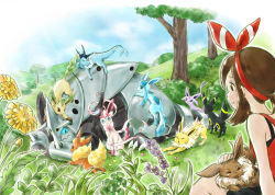 Rule 34 | 1girl, aggron, black eyes, blue eyes, blue sky, breasts, brown eyes, brown hair, bush, closed eyes, cloud, cloudy sky, commentary request, creatures (company), day, eevee, espeon, evolutionary line, flareon, flower, game freak, gen 1 pokemon, gen 2 pokemon, gen 3 pokemon, gen 4 pokemon, gen 6 pokemon, glaceon, grass, hair ribbon, huiyuan, jolteon, leafeon, may (pokemon), mega aggron, mega evolution, mega pokemon, nintendo, on head, on lap, outdoors, plant, pokemon, pokemon (creature), pokemon on back, pokemon on head, pokemon on lap, pokemon on leg, pokemon oras, purple eyes, red ribbon, ribbon, short hair, sidelocks, sitting, sky, small breasts, smile, stretching, sylveon, tree, umbreon, vaporeon, yawning