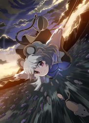 Rule 34 | 1girl, animal ears, female focus, flying, grey hair, highres, mouse (animal), mouse ears, mouse tail, nature, nazrin, outdoors, red eyes, short hair, sky, solo, syope, tail, touhou
