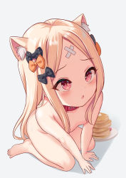 Rule 34 | 1girl, abigail williams (fate), animal ears, bandaid, bandaid on face, bandaid on forehead, black bow, blonde hair, blush, bow, breasts, cat ears, cat girl, collar, collarbone, crossed bandaids, fate/grand order, fate (series), food, forehead, hair bow, highres, long hair, looking at viewer, looking up, milkshakework, multiple bows, nude, open mouth, orange bow, pancake, parted bangs, plate, polka dot, polka dot bow, red eyes, sitting, small breasts, solo, wariza
