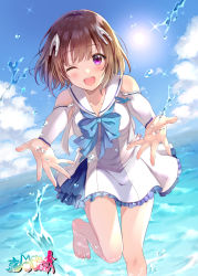 Rule 34 | 1girl, ;d, bare shoulders, barefoot, blue bow, blue sky, bow, breasts, brown hair, cloud, collarbone, commentary request, day, detached sleeves, dress, frilled dress, frills, hair ornament, highres, horizon, long sleeves, looking at viewer, medium breasts, ocean, official art, one eye closed, open mouth, original, outdoors, purple eyes, sailor collar, sailor dress, sky, sleeveless, sleeveless dress, smile, solo, sparkle, splashing, standing, standing on one leg, sun, teeth, upper teeth only, water, white dress, white sailor collar, white sleeves, yatomi