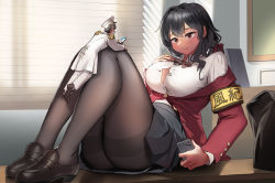 Rule 34 | 1boy, 1girl, absurdres, armband, azur lane, black hair, bow, bowtie, brown bow, brown bowtie, classroom, commander (azur lane), desk, giant, giantess, grey skirt, hand on own chest, hat, hetero, highres, indoors, jacket, kkasi00, loafers, long hair, looking at another, military, military uniform, mini person, miniboy, naval uniform, on desk, open clothes, open shirt, pantyhose, peaked cap, phone, red eyes, red jacket, shirt, shoes, short hair, sitting, on desk, size difference, skirt, smile, taihou (azur lane), taihou (sweet time after school) (azur lane), thighband pantyhose, uniform, white headwear, white jacket, white shirt, yellow armband