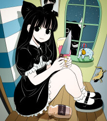 1girl akai_kuro alice_(alice_in_wonderland) alice_in_wonderland animal ball black_bow black_bowtie black_dress black_eyes black_footwear black_hair bottle bow bowtie bull dress drink elephant food gothic_lolita grin hair_bow holding holding_food holding_knife ice_cream knife lizard lolita_fashion long_hair looking_at_viewer mary_janes night night_sky pale_skin picture_frame popsicle puffy_sleeves shirt shoes short_sleeves sitting sky smile socks spilled_drink star_(sky) starry_sky teeth toy white_shirt white_socks window