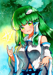 Rule 34 | 1girl, bad id, bad pixiv id, bare shoulders, blue background, blue skirt, blue sky, blush, breasts, collar, detached sleeves, frog hair ornament, grass, green background, green eyes, green hair, hair ornament, hair tubes, hairpin, hands up, head tilt, kochiya sanae, light, long sleeves, looking at viewer, magic, medium breasts, multicolored background, open mouth, qqqrinkappp, shadow, shirt, skirt, sky, smile, solo, star (symbol), touhou, traditional media, white collar, white shirt, white sleeves