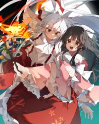 Rule 34 | 2girls, arm up, black hair, black sky, blouse, blue sky, bow, bowtie, breasts, closed mouth, collar, collared shirt, fire, floral print, flower, flying, frilled sleeves, frills, fujiwara no mokou, gradient sky, hair between eyes, hair bow, hand up, higa (gominami), highres, houraisan kaguya, light, long hair, long sleeves, looking at viewer, medium breasts, moon, multiple girls, night, night sky, open mouth, orange flower, pants, pink shirt, red bow, red eyes, red pants, red skirt, shadow, shirt, short sleeves, silver hair, skirt, sky, smile, teeth, tongue, touhou, treasure, two-tone bow, white bow, white neckwear, white shirt, wide sleeves