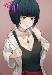 Rule 34 | 1girl, absurdres, belt, black dress, black hair, blunt bangs, bob cut, breasts, breath, brown eyes, cleavage, clothes pull, coat, dress, drooling, empty eyes, eroborne, highres, hypnosis, jewelry, lab coat, medium breasts, mind control, open clothes, open coat, open mouth, pendant, persona, persona 5, pulled by self, red belt, saliva, short hair, signal bar, solo, studded choker, takemi tae