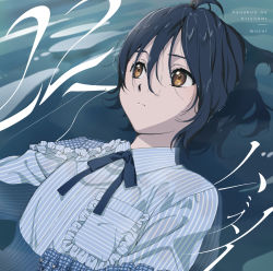 Rule 34 | 1girl, 22/7, album cover, black hair, blue bow, bow, brown eyes, copyright name, cover, highres, looking at viewer, official art, shirt, short hair, takigawa miu, upper body, water, wet