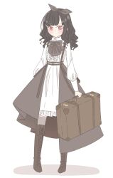 Rule 34 | 1girl, alicia (aris lily0418), arms at sides, assault lily, belt, belt buckle, black hair, blush, boots, bow, bowtie, briefcase, brown footwear, buckle, center frills, closed mouth, collared dress, cross-laced footwear, dress, frilled dress, frills, full body, grey belt, grey bow, grey bowtie, grey dress, grey thighhighs, hair bow, highres, holding, holding briefcase, knee boots, kuroki francisca yuria, lace-up boots, layered dress, long hair, long sleeves, looking at viewer, multiple belts, red eyes, simple background, solo, standing, thighhighs, thighhighs under boots, two-tone dress, wavy hair, white background, white dress