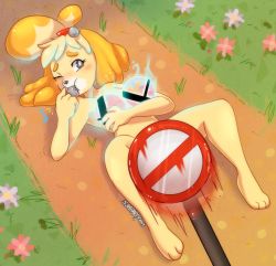 Rule 34 | 1girl, :t, animal crossing, animal ears, animal hands, artist name, barefoot, bell, black eyes, blonde hair, blowing whistle, blush, blush stickers, censored, censored nipples, collarbone, dated, dog ears, dog girl, dog tail, female focus, flower, full body, furry, furry female, gameplay mechanics, glowing, grass, hair bell, hair ornament, hair tie, holding, isabelle (animal crossing), jingle bell, knees up, lying, motion lines, musical note, nintendo, no entry sign, nose blush, novelty censor, nude, on back, one eye closed, outdoors, purple flower, red flower, road sign, s3aparty, short hair, sign, signature, smash ball, solo, spread legs, super smash bros., tail, topknot, whistle