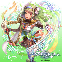 Rule 34 | 1girl, :d, beamed sixteenth notes, blue thighhighs, breasts, brown eyes, brown skirt, company name, copyright name, eighth note, etra (tenkuu no craft fleet), food, fruit, glint, gradient background, green background, green hair, hair ornament, hairband, harp, instrument, long hair, long sleeves, muraicchi (momocchi), music, musical note, official art, open mouth, outstretched arm, playing instrument, quarter note, skirt, small breasts, smile, solo, standing, tenkuu no craft fleet, thighhighs