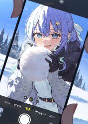Rule 34 | 1girl, absurdres, belt, black gloves, black scarf, blue eyes, blue hair, bow, cellphone, coat, dress, dutch angle, gloves, hair between eyes, hair bow, hair ornament, hairclip, half updo, highres, holding, holding snowball, hololive, hoshimachi suisei, light blush, long hair, looking at viewer, nail polish, open mouth, outdoors, phone, pink nails, pov, scarf, signature, smartphone, smile, snow, snowball, solo, teeth, tree, tsukino (nakajimaseiki), upper teeth only, virtual youtuber, white bow, white coat, white dress