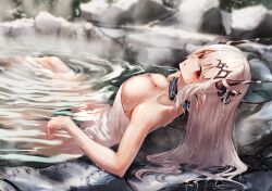 Rule 34 | absurdres, arknights, bathing, breasts, choker, collarbone, covering privates, earrings, hair ornament, highres, horns, infection monitor (arknights), jewelry, kuromu, large breasts, light blush, long hair, looking at viewer, mudrock (arknights), naked towel, nude cover, onsen, partially submerged, pointy ears, red eyes, rock, sitting, steam, towel, water, water drop, wet, wet towel, white hair