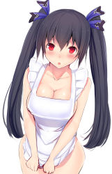 Rule 34 | 1girl, :o, apron, black hair, blue ribbon, blush, breasts, cleavage, cowboy shot, daiaru, hair ornament, hair ribbon, long hair, looking at viewer, medium breasts, naked apron, neptune (series), noire (neptunia), open mouth, red eyes, ribbon, simple background, solo, standing, twintails, white background
