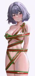 Rule 34 | 1girl, absurdres, arms behind back, bare shoulders, blue hair, blush, breasts, closed mouth, collarbone, commentary, crossed bangs, hair between eyes, highres, jesh art, large breasts, looking at viewer, mole, mole under mouth, naked ribbon, navel, original, purple eyes, ribbon, short hair, solo