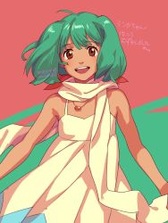 Rule 34 | 1girl, 2021, :d, ahoge, aqua hair, artist name, bare shoulders, dated, dress, highres, jewelry, looking at viewer, macross, macross frontier, necklace, open mouth, ranka lee, red eyes, scarf, short hair, smile, solo, teeth, translation request, white dress, white scarf, yuccoshi
