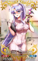 Rule 34 | 1girl, :d, alternate costume, blue eyes, blurry, blurry background, blush, breasts, card (medium), clipboard, commentary request, craft essence (fate), dress, fate/grand order, fate (series), foxyreine, hat, highres, holding, holding clipboard, holding knife, hospital, knife, long hair, looking at viewer, medea (lily) (fate), medium breasts, nail polish, nurse, nurse cap, open mouth, pantyhose, parody, pink dress, pointy ears, ponytail, purple hair, purple nails, rulebreaker, short dress, smile, solo, very long hair