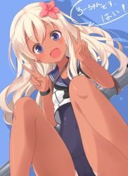 Rule 34 | 10s, 1girl, bad id, bad pixiv id, blonde hair, blue eyes, blue sky, cloud, crop top, double v, flower, hair flower, hair ornament, kantai collection, long hair, open mouth, ro-500 (kancolle), school swimsuit, school uniform, serafuku, sitting, sky, smile, solo, swimsuit, swimsuit under clothes, takehana note, tan, tanline, torpedo, v