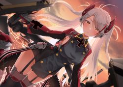 Rule 34 | 1girl, azur lane, breasts, cloud, cloudy sky, commentary request, cross, eyes visible through hair, garter straps, groin, hair between eyes, hair ornament, highres, horizon, iron cross, long hair, long sleeves, looking at viewer, machinery, mole, mole on breast, multicolored hair, ocean, outstretched arms, prinz eugen (azur lane), sideboob, sidelocks, silver hair, sky, smile, solo, spread arms, streaked hair, swepot, turret, twilight, two-tone gloves, two side up, yellow eyes