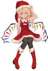 Rule 34 | 1girl, bare shoulders, blonde hair, boots, dress, fang, flandre scarlet, full body, fur-trimmed dress, fur-trimmed headwear, fur trim, hair between eyes, hat, highres, long hair, looking at viewer, multicolored wings, one side up, open mouth, pantyhose, red dress, red eyes, red footwear, red nails, reddizen, santa boots, santa costume, santa dress, santa hat, simple background, sleeveless, smile, solo, touhou, white background, wings