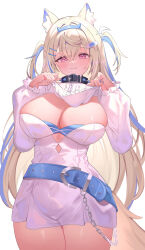 Rule 34 | 1girl, absurdres, animal collar, animal ear fluff, animal ears, bandaid, bandaid hair ornament, belt, black collar, blonde hair, blue belt, blue hair, blue hairband, blue nails, breasts, center frills, cleavage, cleavage cutout, closed mouth, clothing cutout, collar, crossed bangs, cutout above navel, detached collar, dog ears, dog girl, dog tail, double-parted bangs, dress, fake horns, fingernails, frilled shirt collar, frills, fuwawa abyssgard, fuwawa abyssgard (1st costume), hair between eyes, hair intakes, hair ornament, hairband, hairclip, highres, hololive, hololive english, homura (homur4 homu), horns, large breasts, long hair, long sleeves, looking at viewer, multicolored hair, nail polish, pink eyes, short dress, simple background, smile, solo, spiked collar, spikes, streaked hair, tail, thighs, two side up, upper body, virtual youtuber, white background, white dress
