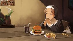 Rule 34 | 3girls, bendy straw, bird, blonde hair, blue eyes, brown eyes, brown hair, burger, chicken, closed eyes, clumsy nun (diva), cola, commentary, corn, cup, diva (hyxpk), drinking glass, drinking straw, duck, english commentary, flower, food, french fries, froggy nun (diva), habit, highres, hungry nun (diva), little nuns (diva), multiple girls, nun, own hands clasped, own hands together, plate, praying, sitting, table, traditional nun, vase