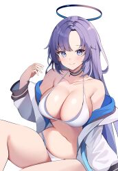 Rule 34 | 1girl, absurdres, alternate hairstyle, bikini, blue archive, blush, breasts, cleavage, closed mouth, collarbone, halo, highres, jacket, large breasts, long hair, looking at viewer, mechanical halo, navel, open clothes, open jacket, purple eyes, purple hair, simple background, sob (submar1089), solo, swimsuit, two-sided fabric, two-sided jacket, white background, white bikini, white jacket, yuuka (blue archive)