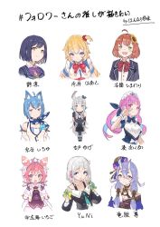 Rule 34 | 6+girls, :3, ahoge, akai haato, akai haato (1st costume), anchor symbol, and uge, animal ear fluff, animal ears, animare, black shirt, blazer, blonde hair, blue eyes, blue hair, blue ribbon, blunt bangs, blush, blush stickers, breasts, brown hair, character name, cleavage, closed mouth, commentary, crescent, crescent hair ornament, detached sleeves, dog ears, fang, fang out, flower, followers favorite challenge, from above, full body, green eyes, hair flower, hair ornament, hair ribbon, hair tubes, hanarito, hat, headphones, heart, heart hair ornament, highres, hololive, honma himawari, horns, jacket, jitome, large breasts, long hair, looking at viewer, maid headdress, medium breasts, minato aqua, minato aqua (1st costume), mole, mole under mouth, multicolored hair, multiple drawing challenge, multiple girls, name tag, nanashi inc., nijisanji, one side up, oni, open clothes, pink hair, purple hair, purple neckwear, red neckwear, ribbon, rindou mikoto, scarf, school uniform, shirt, shizuka rin, short hair, short sleeves, silver hair, skin-covered horns, small breasts, smile, souya ichika, souya ichika (1st costume), standing, sunflower, sunflower hair ornament, thick eyebrows, translated, twintails, two-tone hair, upper body, ushimi ichigo, v ap art, v apa, very long hair, virtual youtuber, w, white background, winding key, yellow eyes, yuni (yuni channel), yuni channel