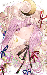 Rule 34 | 1girl, :&lt;, black ribbon, blunt bangs, chromatic aberration, commentary request, crescent, crescent earrings, crescent hat ornament, drop earrings, earrings, hat, hat ornament, highres, jewelry, long hair, looking at viewer, majamari, mob cap, neck ribbon, patchouli knowledge, purple eyes, purple hair, ribbon, simple background, solo, touhou, translation request, upper body, white background
