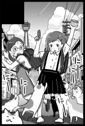 Rule 34 | 00s, 2girls, :3, air (visual novel), backpack, bad id, bad pixiv id, bag, border, cat, child, cloud, contrail, food, glasses, greyscale, ice cream, market, md5 mismatch, monochrome, mouth hold, multiple girls, open mouth, pleated skirt, power lines, princeps, randoseru, school uniform, skirt, suspenders, tower, utility pole, vanishing point