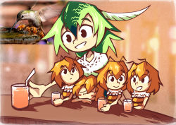 Rule 34 | 5girls, antennae, arthropod girl, bar (place), bare shoulders, bee, bird, bug, commission, drinking straw, glass, green hair, hummingbird, insect, looking at another, multiple girls, open mouth, orange hair, original, personification, photo inset, reference photo, setz, size difference, smile