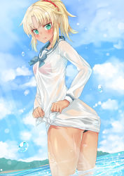Rule 34 | 1girl, bikini, bikini under clothes, blonde hair, blush, braid, chausson, commentary request, dress, embarrassed, fate/grand order, fate (series), french braid, green eyes, hair ornament, hair scrunchie, highres, looking at viewer, looking back, mordred (fate), mordred (fate) (all), mordred (fate/apocrypha), mordred (swimsuit rider) (fate), mordred (swimsuit rider) (second ascension) (fate), ocean, partially submerged, ponytail, red bikini, sailor dress, scrunchie, see-through, solo, standing, swimsuit, swimsuit under clothes, wading, water, wet, wet clothes