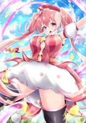 Rule 34 | 1girl, absurdres, armpits, arms up, bare shoulders, beret, breasts, cleavage cutout, clothing cutout, cloud, dress, hair between eyes, hat, highres, large breasts, long hair, looking at viewer, mittens, navel, navel cutout, open mouth, pink hair, princess connect!, purple eyes, red hat, sky, solo, takemura kou, teeth, thighs, tsumugi (princess connect!), twintails, underwear, upper teeth only, white mittens