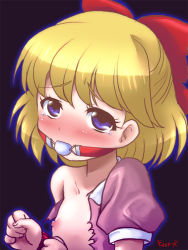 Rule 34 | ball gag, bdsm, blonde hair, blue eyes, blush, bondage, bound, bow, crying, crying with eyes open, fast-r, flat chest, gag, hair bow, hair ribbon, looking at viewer, mother (game), mother 2, nintendo, nipples, paula (mother 2), ribbon, saliva, short hair, simple background, solo, tears, torn clothes