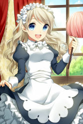 Rule 34 | 1girl, bad id, bad pixiv id, blonde hair, blue eyes, cleaning, curtains, duster, jenevan, juliet sleeves, long hair, long sleeves, maid, maid headdress, open mouth, puffy sleeves, smile, solo, sword girls, window