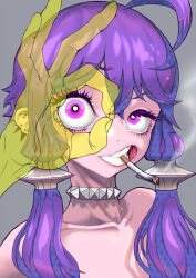 Rule 34 | 1girl, absurdres, ahoge, bright pupils, choker, cigarette, clenched teeth, commentary request, ear piercing, grey background, grimace, hair ornament, highres, looking at viewer, mashima jirou, mouth hold, nude, ok sign, ok sign over eye, parted lips, patterned hair, piercing, pink eyes, portrait, purple hair, raised eyebrow, semi-transparent, short hair with long locks, simple background, smoke trail, smoking, solo, spiked choker, spikes, star (symbol), star print, teeth, thick eyelashes, uneven eyes, unmoving pattern, vocaloid, voiceroid, white pupils, yuzuki yukari