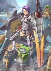 Rule 34 | !, 1girl, armor, capcom, deviljho, drooling, earrings, fangs, felyne, grin, happy, huge weapon, jewelry, monster hunter (series), monster hunter portable 3rd, open mouth, pointing, purple eyes, purple hair, rathalos (armor), shield, short hair, silver rathalos (armor), smile, sword, tan taka, thighhighs, wading, water, weapon, zinogre