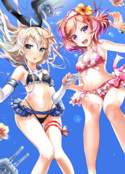 Rule 34 | 10s, 2girls, adapted costume, bikini, blonde hair, blush, breasts, crossover, elbow gloves, floating hair, flower, gloves, green eyes, hair flower, hair ornament, holding hands, hibiscus, kantai collection, keepout, long hair, looking at viewer, love live!, love live! school idol project, md5 mismatch, medium breasts, multiple girls, navel, nishikino maki, open mouth, purple eyes, red hair, rensouhou-chan, shimakaze (kancolle), skirt, small breasts, smile, swimsuit, wet