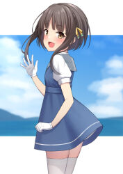 Rule 34 | 1girl, :d, akahi242, black hair, blue dress, blue sailor collar, blue sky, blush, brown eyes, cloud, day, dress, gloves, hair ribbon, highres, kantai collection, letterboxed, looking at viewer, looking to the side, open mouth, outdoors, ribbon, sailor collar, shirt, short hair, short sleeves, sidelocks, sky, smile, solo, standing, thighhighs, ukuru (kancolle), waving, white gloves, white shirt, white thighhighs
