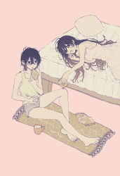 Rule 34 | 2girls, absurdres, aftersex, barefoot, bread slice, food, highres, long hair, multiple girls, on bed, original, pillow, pudding, short hair, spoon, toast, tomboy, yuri