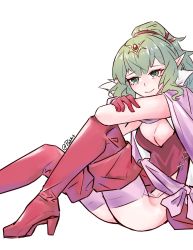 Rule 34 | 1girl, absurdres, boots, breasts, cape, cleavage, elbow on knee, fire emblem, fire emblem awakening, gloves, green eyes, green hair, hair ribbon, half-closed eyes, hand on own arm, high heel boots, high heels, high ponytail, highres, knees up, knot, medium breasts, nintendo, paiiart, pink cape, pink sash, pointy ears, ponytail, red gloves, red ribbon, ribbon, sash, side slit, sidelocks, sitting, solo, thigh boots, thighhighs, thighs, tiara, tiki (adult) (fire emblem), tiki (fire emblem), watermark