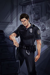 Rule 34 | 1boy, ashley graham, badge, brown hair, cameo, creator connection, cuffs, deltastic, handcuffs, holster, male focus, missing poster, police, police uniform, poster (medium), poster (object), radio, resident evil, resident evil 4, sebastian castellanos, solo, the evil within, uniform