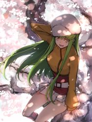 Rule 34 | 1girl, belt, c.c., cherry blossoms, code geass, creayus, dated, green hair, in tree, long hair, looking at viewer, open mouth, sitting, sitting in tree, skirt, solo, tree, yellow eyes