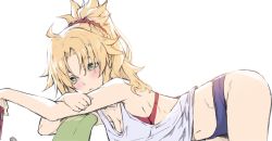 Rule 34 | beer can, bent over, black panties, blonde hair, blush, bra, braid, can, casual, drink can, fate/grand order, fate (series), french braid, green eyes, mordred (fate), mordred (fate/apocrypha), panties, ponytail, red bra, solo, tank top, tonee, underwear