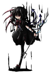 Rule 34 | 1girl, black hair, female focus, full body, houjuu nue, kurona, polearm, red eyes, short hair, simple background, solo, spear, standing, thighhighs, touhou, trident, weapon, white background, wings