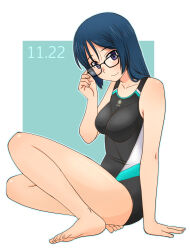 1girl alice_gear_aegis barefoot black-framed_eyewear blue_hair breasts glasses long_hair momoshina_fumika school_swimsuit swimsuit uona_telepin