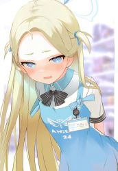 Rule 34 | 1girl, apron, arms behind back, black ribbon, blonde hair, blue apron, blue archive, blue eyes, blurry, blush, border, bright pupils, collared shirt, darudana, depth of field, forehead, frown, hair ribbon, halo, highres, leaning forward, long hair, looking at viewer, name tag, neck ribbon, open mouth, parted bangs, ribbon, shadow, shirt, short eyebrows, short sleeves, solo, sora (blue archive), strap slip, striped ribbon, sweat, two side up, upper body, very long hair, wavy mouth, white pupils, white shirt