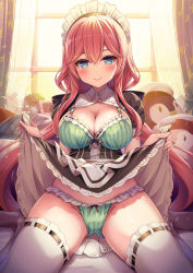 Rule 34 | 1girl, apron, black dress, blue eyes, blush, bra, breasts, cleavage, clothes lift, commentary request, curtains, dress, dress lift, green bra, green panties, hair between eyes, highres, indoors, lifted by self, long hair, looking at viewer, maid, maid apron, maid headdress, medium breasts, original, panties, pink hair, sidelocks, sitting, smile, solo, stuffed animal, stuffed toy, thighhighs, thighs, twintails, underwear, very long hair, waitress, wariza, white thighhighs, window, yuuki yuu