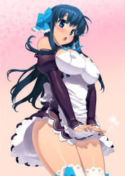 Rule 34 | 1girl, :o, alternate color, alternate hairstyle, amane (dream c club), apron, bare shoulders, blue eyes, blue hair, blush, bow, bow legwear, breasts, buttons, cleavage cutout, clothing cutout, covered erect nipples, covering privates, covering crotch, detached sleeves, dream c club, dream c club (series), dress, elbow gloves, embarrassed, fingerless gloves, gloves, hair bow, lace, large breasts, long hair, looking at viewer, matching hair/eyes, ootomo takuji, open mouth, ribbon, shadow, short dress, skirt, solo, standing, surprised, thighhighs, thighs, white thighhighs, zettai ryouiki